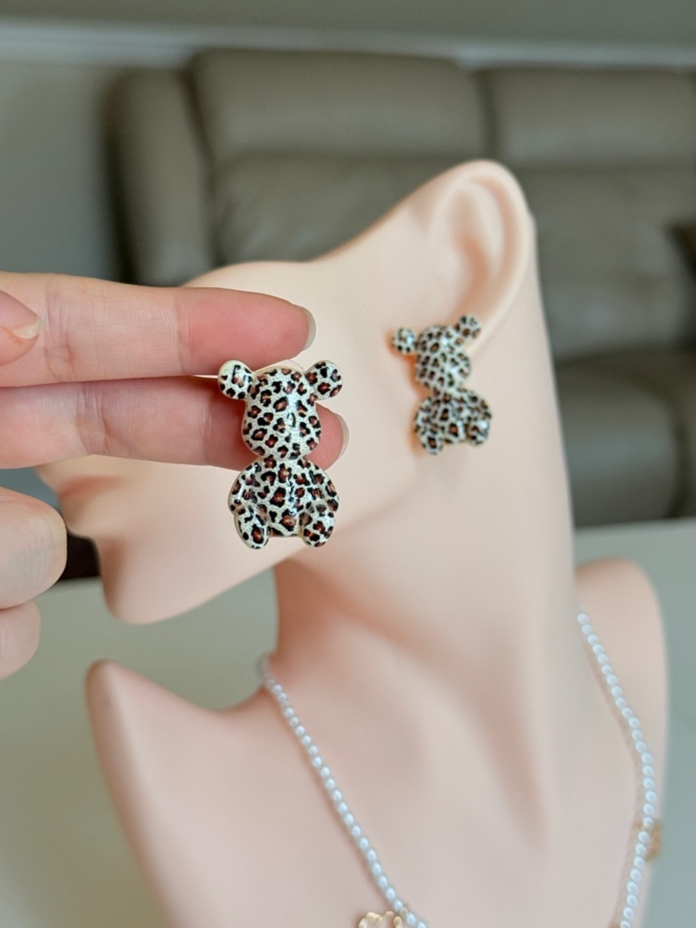 Leopard Print Teddy Stud Earrings - Picture 5 of 11